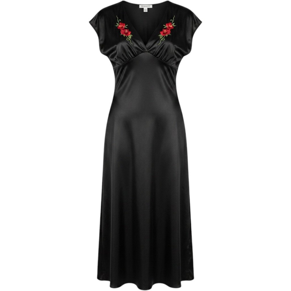 Delicates Nightgown Black Satin Chiffon Floral Embroidered Maxi Long Medium